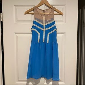 Blue Babydoll Flowy Mini Dress with Mesh Neck
